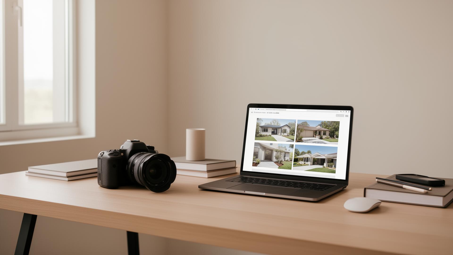 Postazione fotografica professionale con fotocamera e laptop per editing immobiliare - FAQ