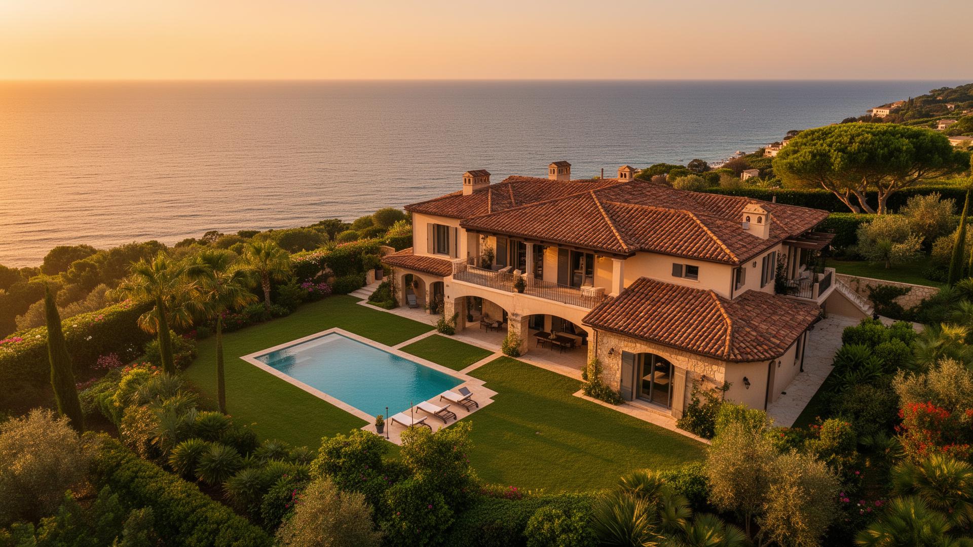 Villa mediterranea di lusso con piscina vista mare al tramonto - Portfolio fotografia immobiliare