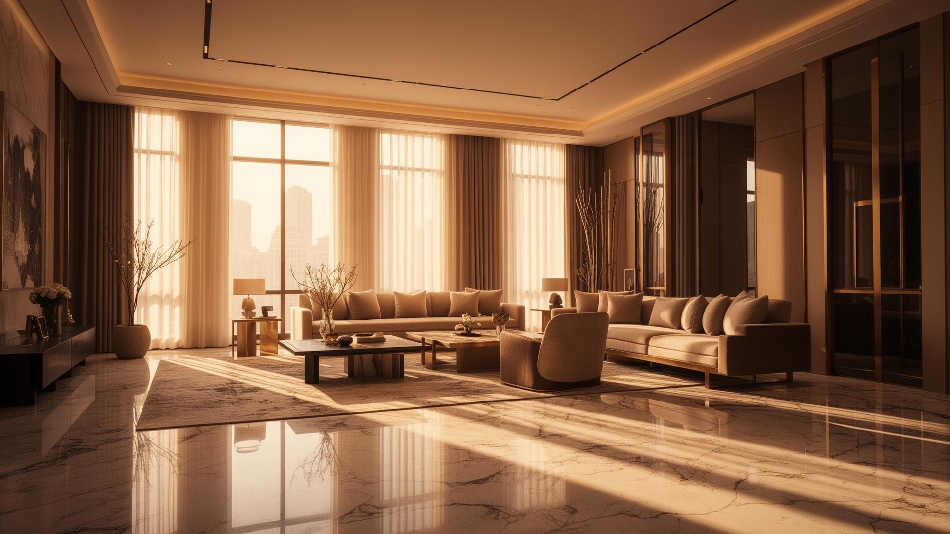 Soggiorno di lusso con luce naturale e pavimento in marmo - Servizi fotografia immobiliare